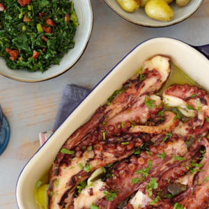 Steamed Octopus with Garlic Oil and Padron Peppers