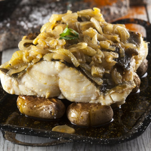 Roasted Cod Loin with Potatoes and Black Garlic Aioli