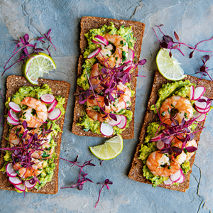 German Rye Bread with Prawns, Avocado Purée and Radishes