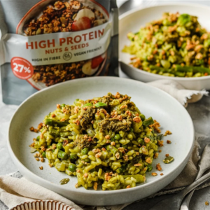 Peas, Spinach and Asparagus Risotto with Granola Crunch