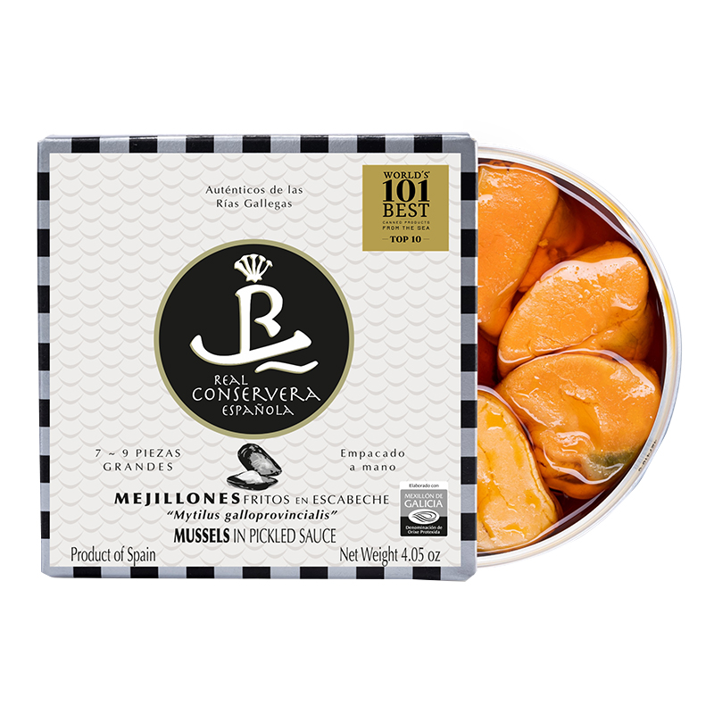 Real Conservera Española Mussels in Escabeche Sauce from Galician Estuaries PDO 7-9 Pieces 115g Real Conservera Española Mussels in Escabeche Sauce from Galician Estuaries PDO 7-9 Pieces 115g