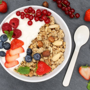 Yogurt mousse with granola and fruit