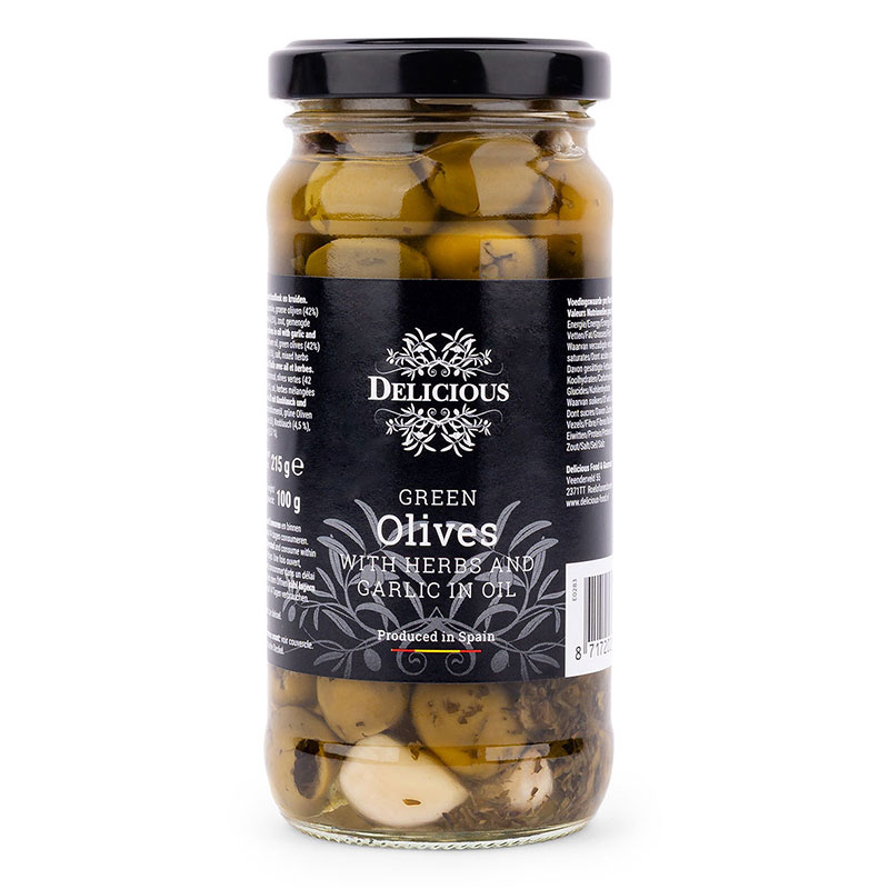Delicious Green Olives with Herbs and Garlic in Oil 215g