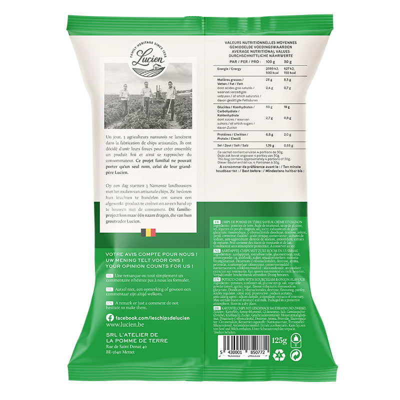 Lucien Sourcream & Onion Potato Chips 125g - Image 2