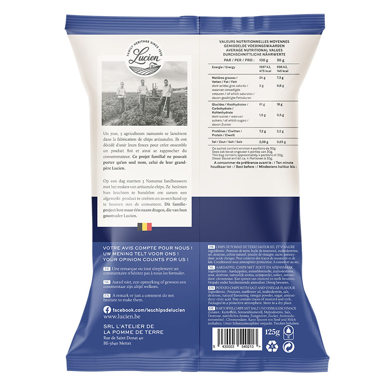 Lucien Salt & Vinegar Potato Chips 125g - Image 2