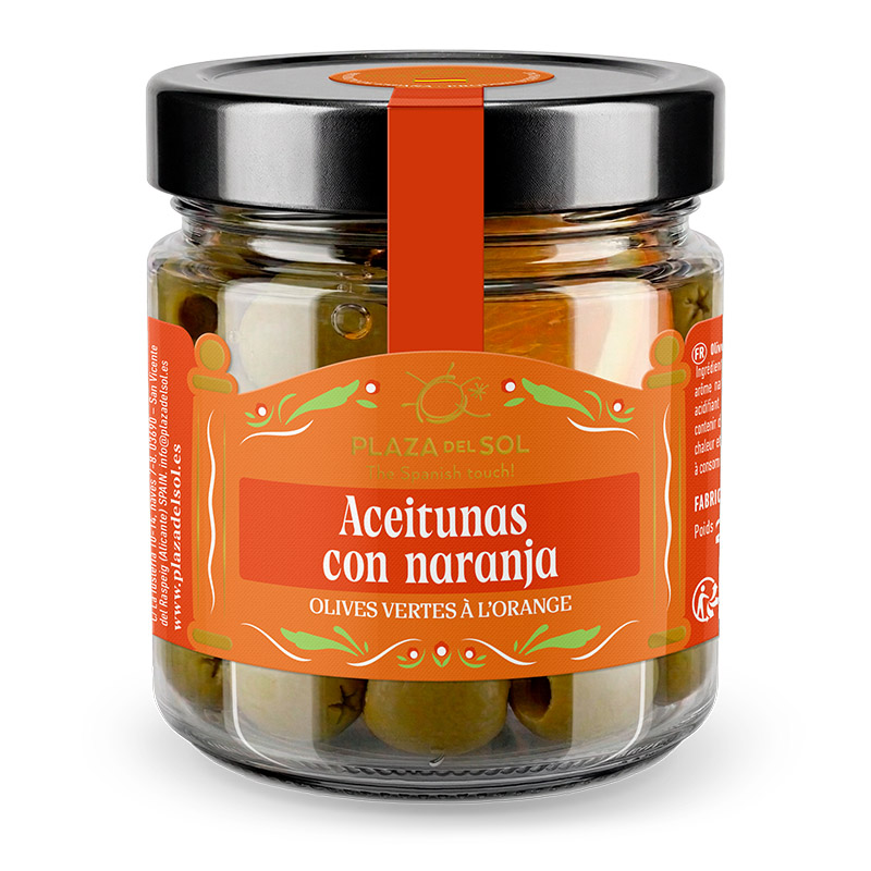 Plaza del Sol Pitted Green Manzanilla Olives with Orange 230g