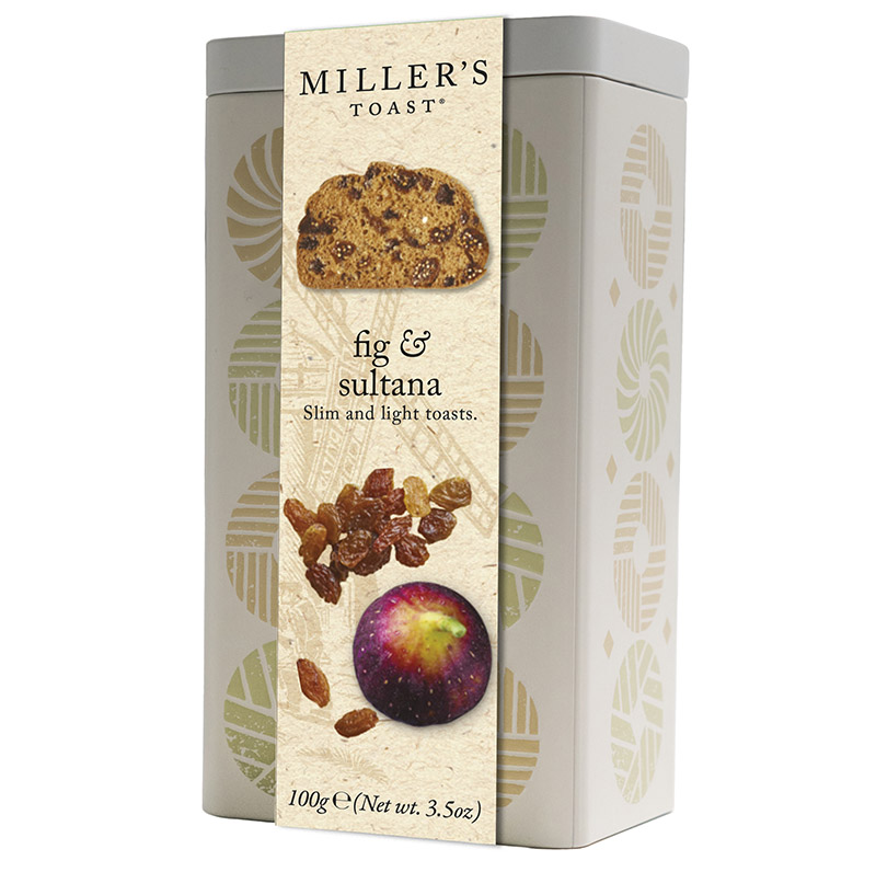Tostas de Figo & Sultana em Lata Seleção Miller's Toast Artisan Biscuits 100g